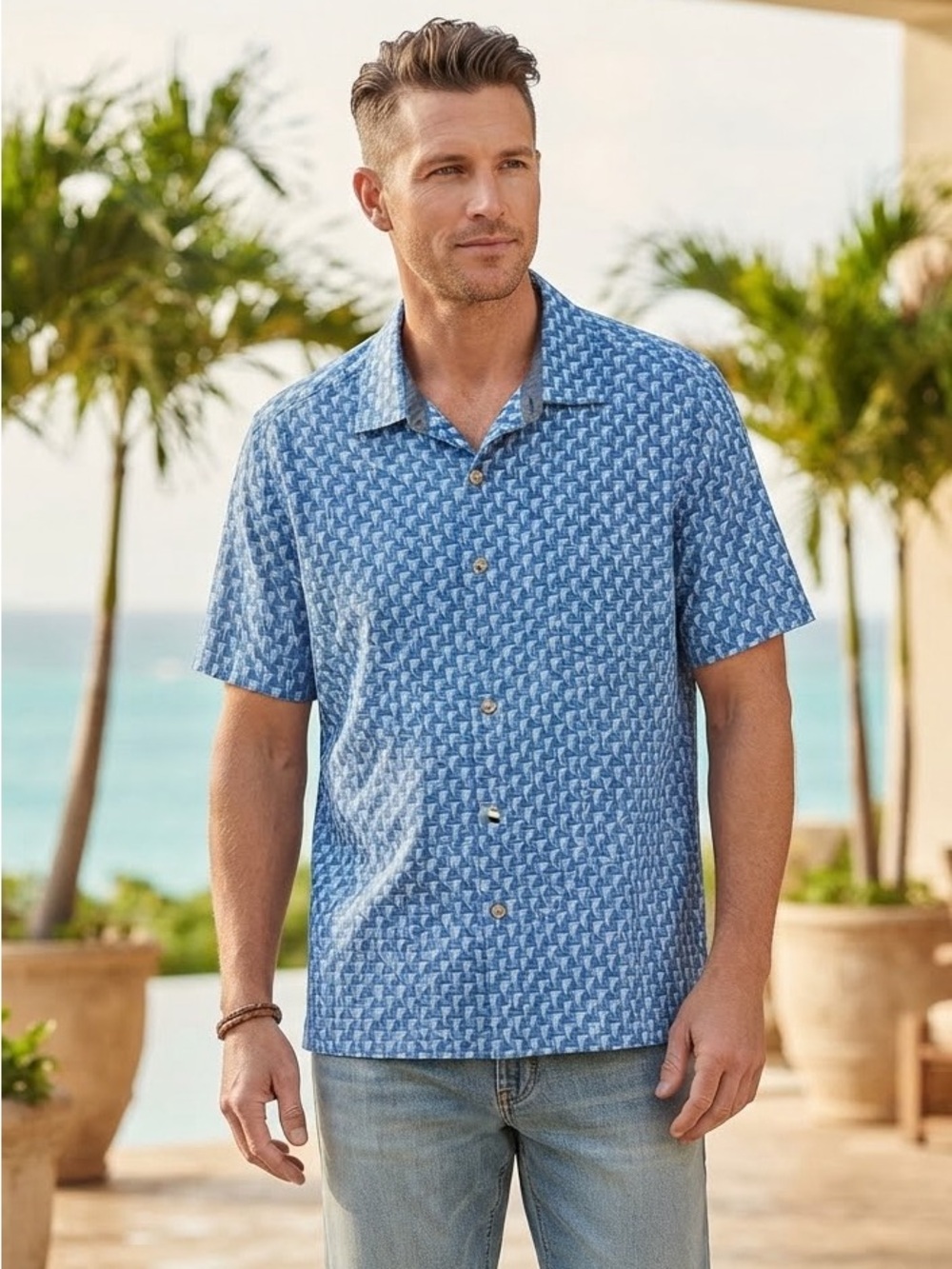 Tommy Bahama Blue and White Printed Camp Shirt -Men’s